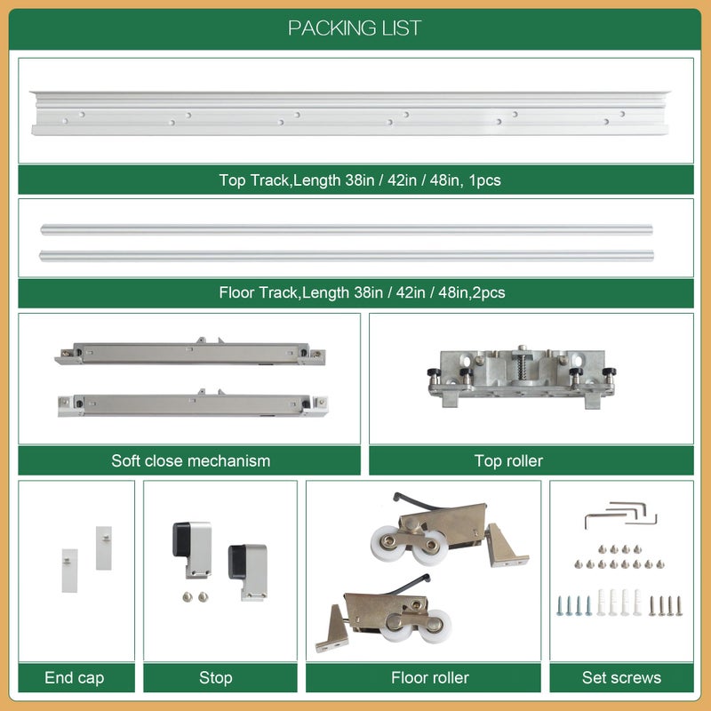 DIYHD 38" Concealed Sliding Door Hardware Kit with Soft Close & Floor Rail, Light Weight Hidden Track Wall Mount System for Openning Width Up to 30", No Door Included - Image 3